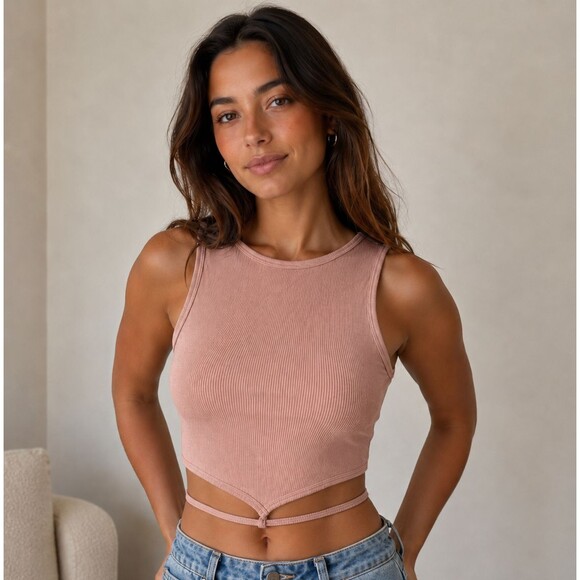avocado Tops - A by Avocado Women’s Ribbed Crop Tank Top Pink S/M Wrap Waist Strap Sleeveless